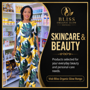 Bliss Organic Glow Rongo skincare and beauty promotional graphic with store representative